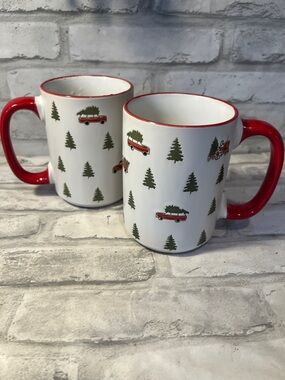 Spectrum Holiday Tree red Car Ceramic coffee Mug Set with Red Handles Christmas